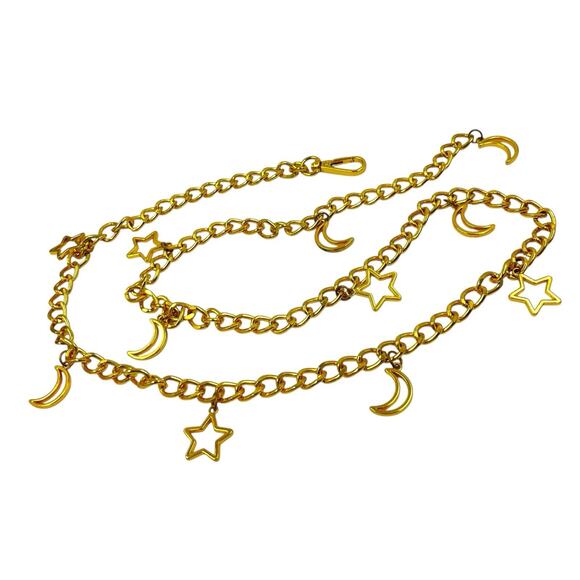 GOLD TONE CELESTIAL CHAIN BELT CHAIN SIZE S M BOHO WHIMSIGOTH MOON STARS VGUC - Picture 1 of 3